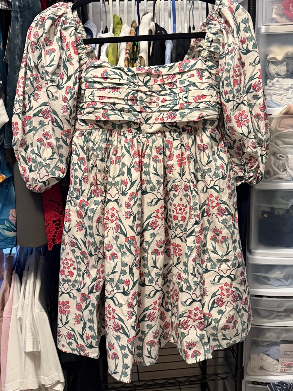 Abercrombie & Fitch Cream Floral babydoll Mini Dress with Pink & Green Print